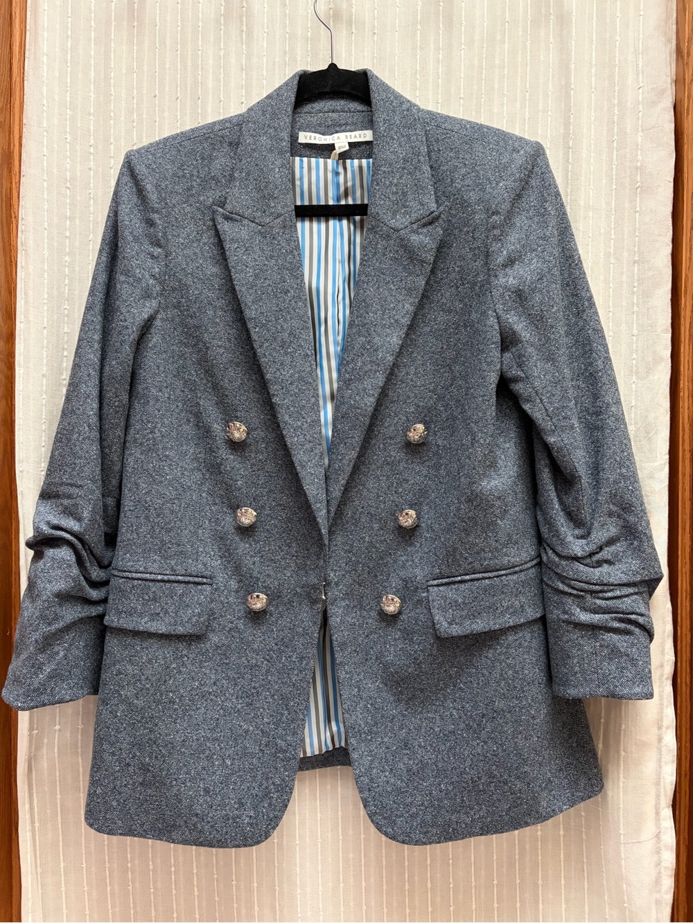 🔆Veronica Beard Slate Blue Gray Double-Breasted Ruched Sleeve Blazer Sz 8